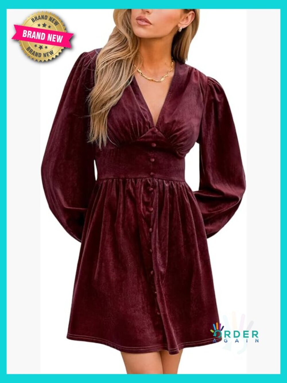 V Neck Button Long Sleeve Mini Dress Smocked Waist Flowy Casual Cocktail Party